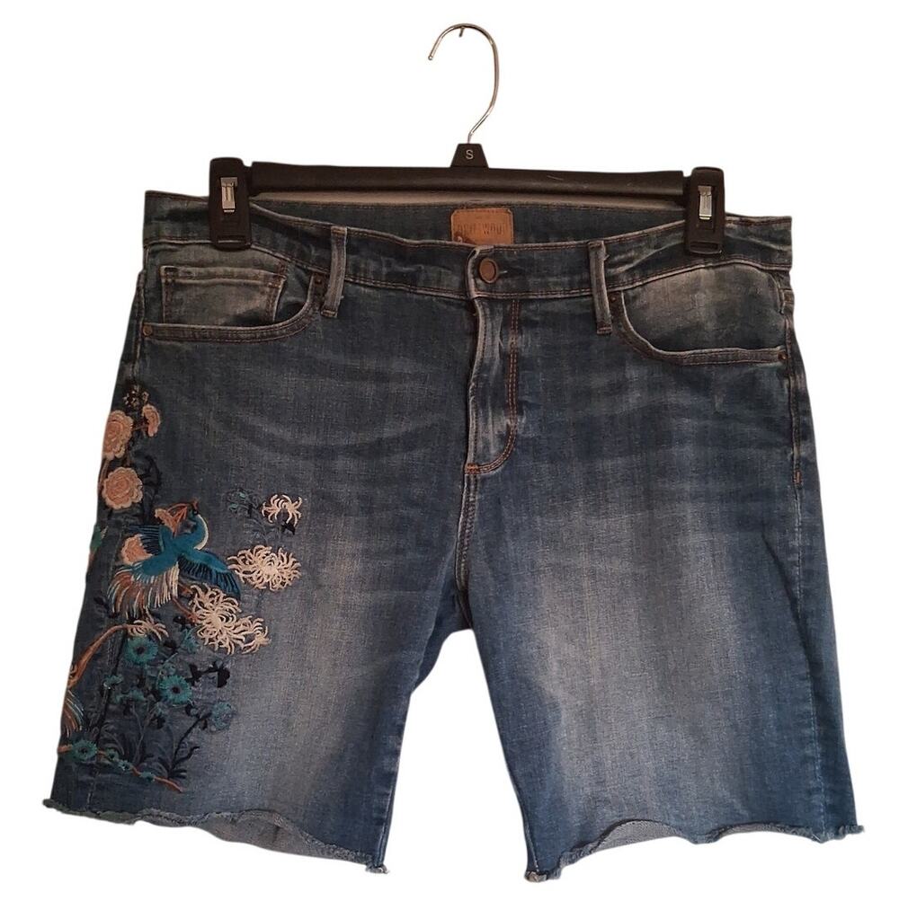 Driftwood Size 32 Embroidered Crane Floral Denim Bermuda Shorts Boho Jorts